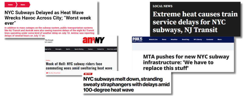 A series of news headlines describing breakdowns in transit service caused by disinvestment